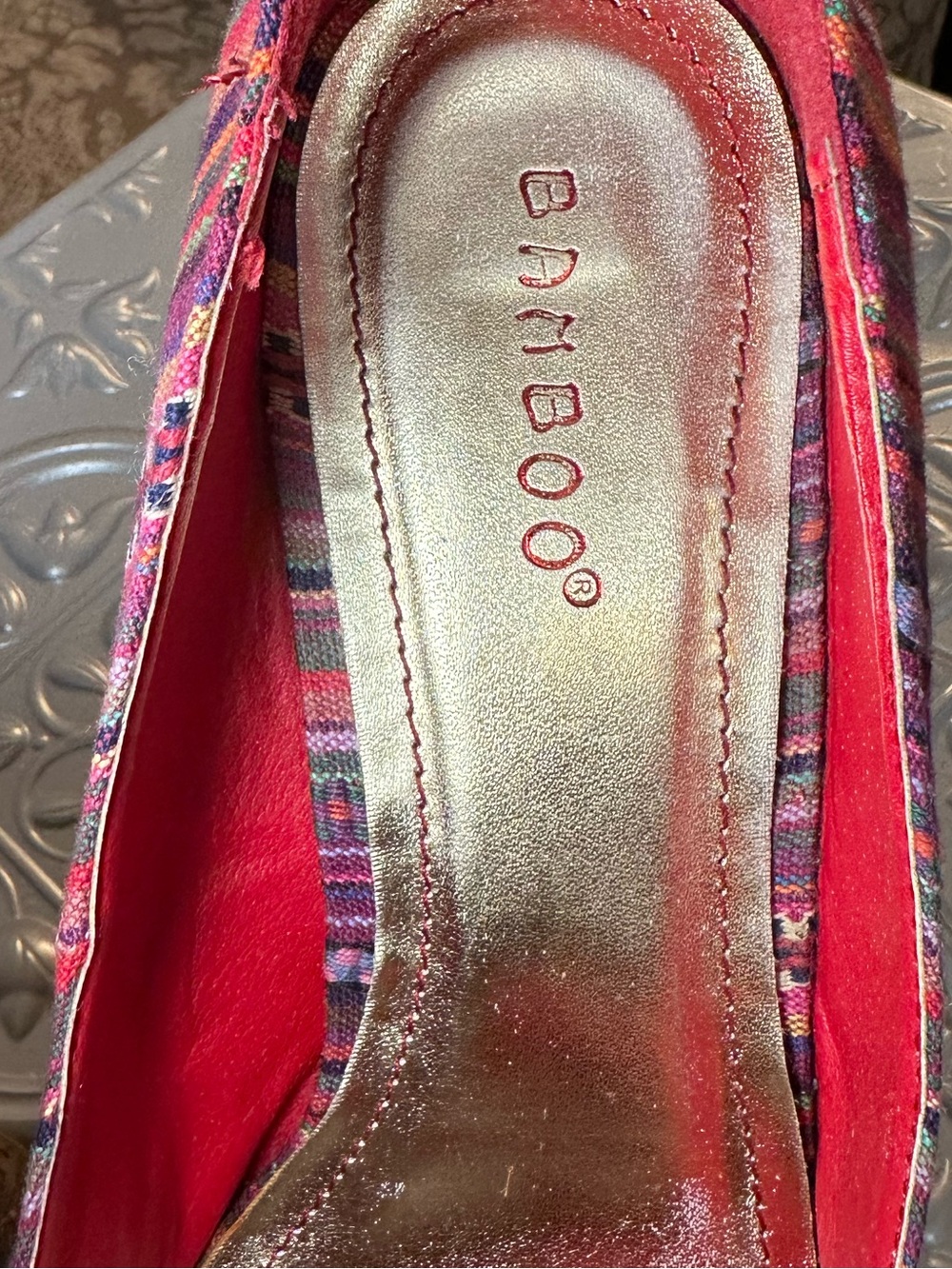 Bamboo Multicolor Striped Cork Platform Peep Toe Heels Size 8.5 Boho Pumps - Picture 10 of 13
